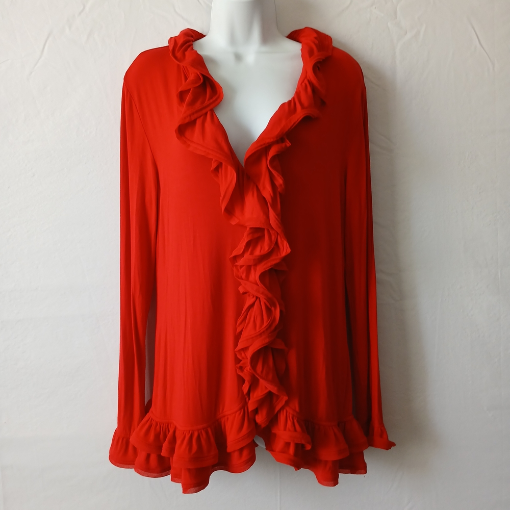 Grace Elements Red Button‎ Up Blouse Ruffles V Neck Sz L  Dressy Casual Work